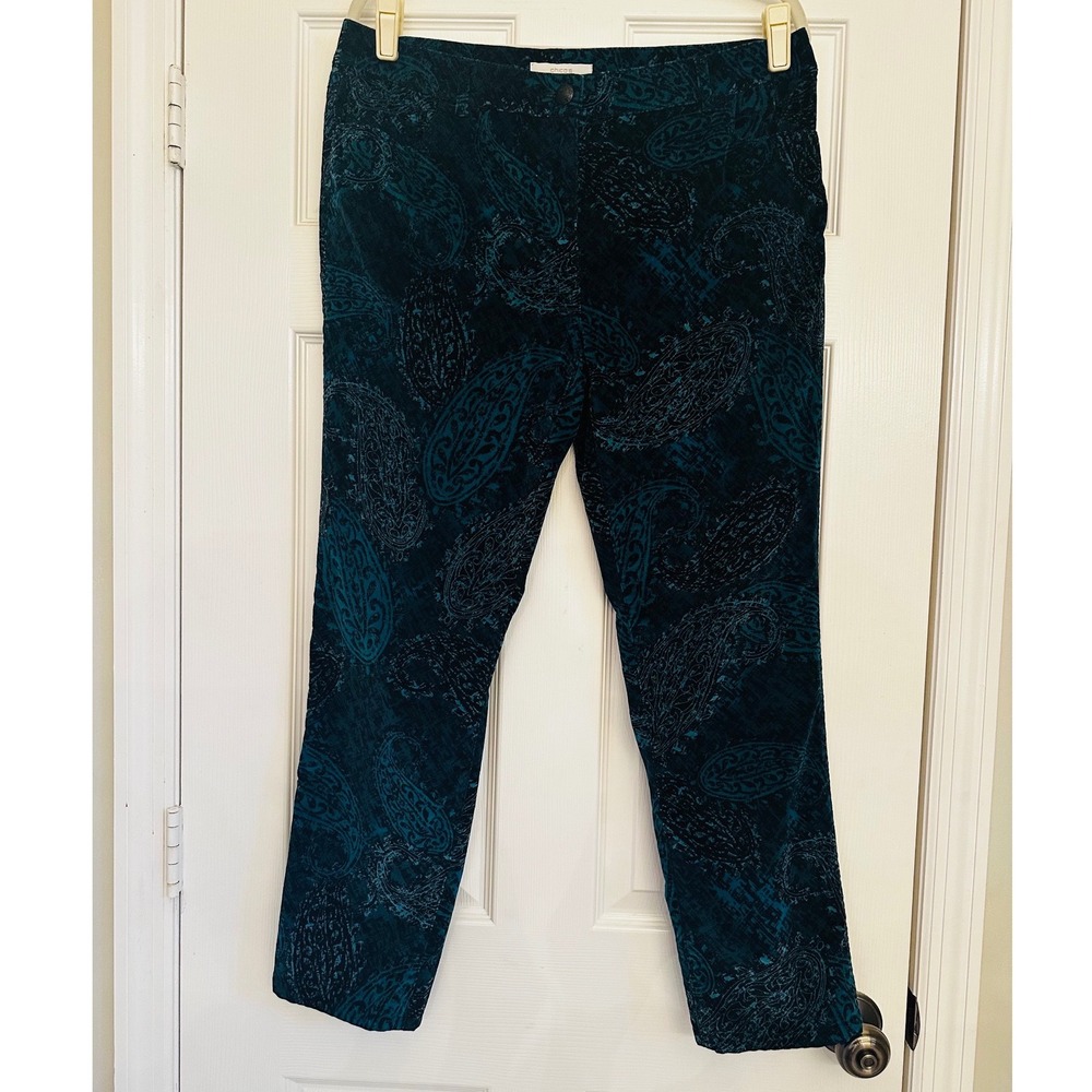 Chicos Teal Black Paisley Velvet Straight Leg Pants L/12 Womens Stretch Trousers